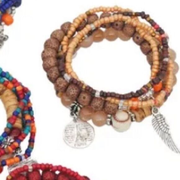 Stackable Beaded Charm Bracelets – Neutral Earth Tones, Set of 5 - Picture 4 of 5